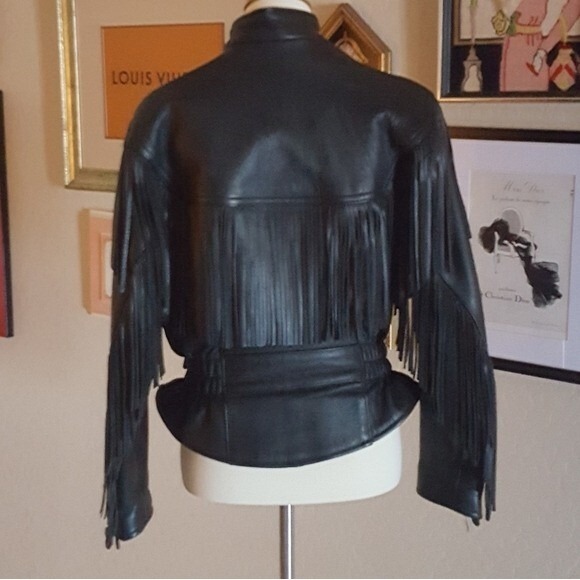 Black Leather Fringe Motorcycle Biker Vintage Jacket‎ with Silver Hardware - Picture 9 of 12